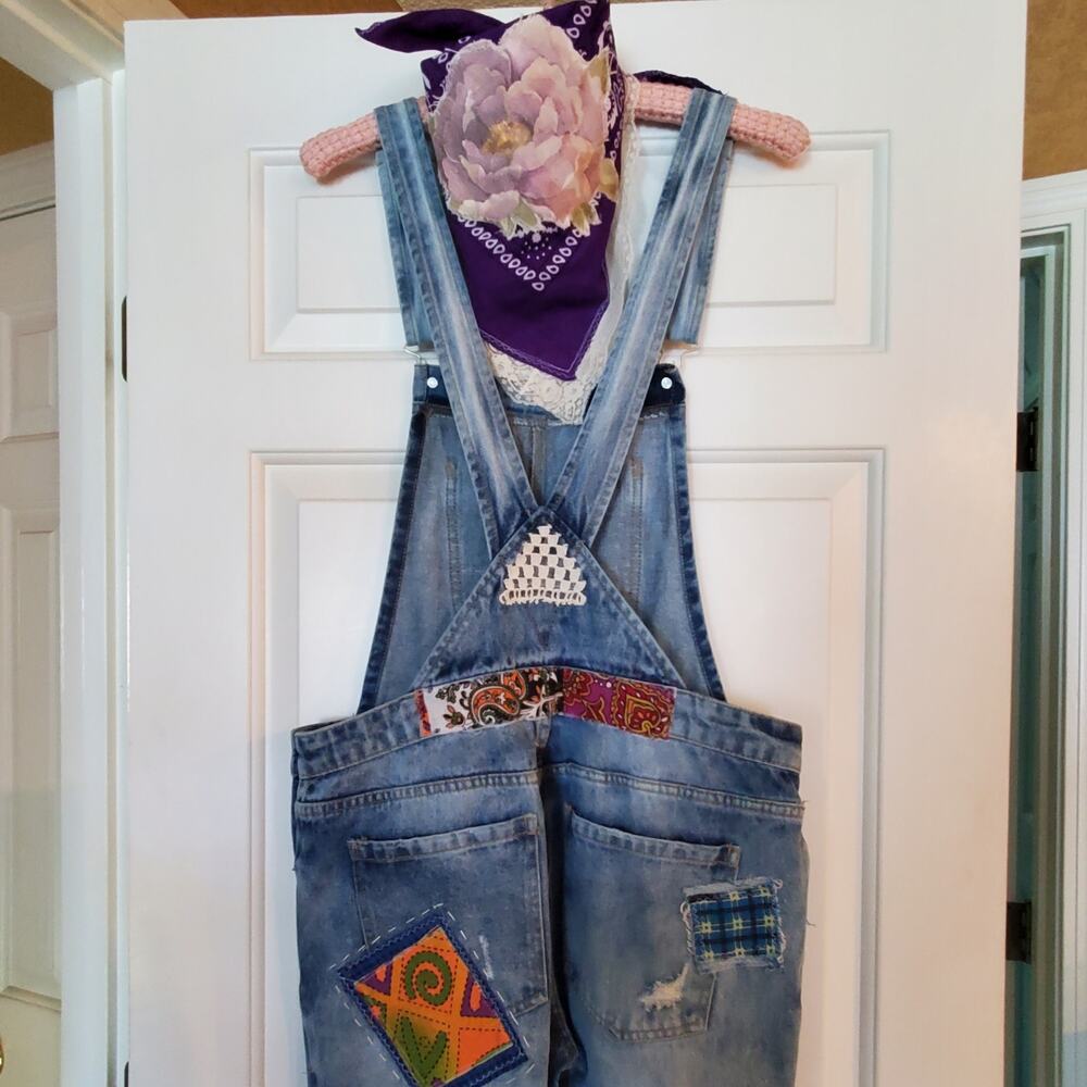 Refashioned Upcycled Patched and Distressed Boho‎ Overalls Handmade SzMed - Picture 4 of 13